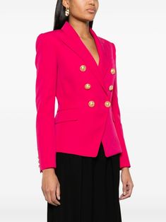 fuchsia pink virgin wool gold-tone buttons peak lapels double-breasted button fastening long sleeves buttoned cuffs two side flap pockets straight hem This item is in size 38 and the color is Pink Balmain Jacket, Statement Jacket, Outer Jacket, Fuchsia Color, Fuchsia Pink, Emilio Pucci, Wool Blazer, Denim Pant, Bold Fashion