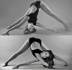 two photos of a woman in black and white, one is doing a handstand