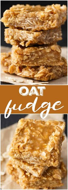 oat fudge cookies stacked on top of each other with the words,'oat fudge'over them