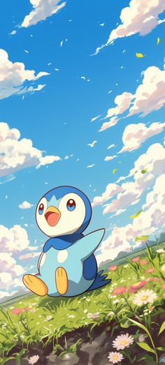 a cartoon penguin sitting on top of a lush green field under a blue cloudy sky