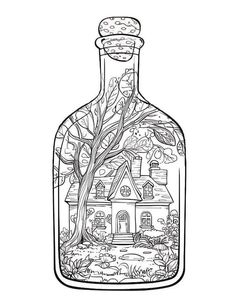 a bottle with a house inside and trees in the bottom, surrounded by leaves on it