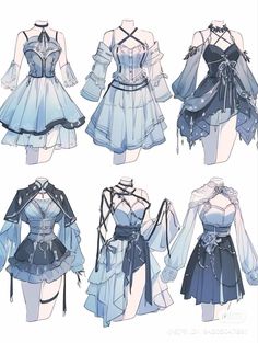 four different types of dresses with long sleeves and bows on the sides, all in blue