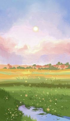 a painting of the sun setting over a field with water and grass in front of it