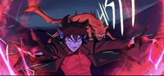 an anime character with red hair and purple eyes, standing in front of a demonic demon