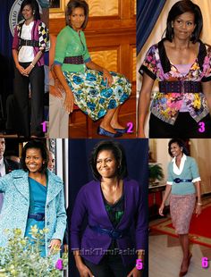 the first lady's outfits in all different styles and colors, including blue, green, pink, purple