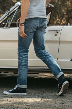 Our premium denim is inspired by the classic vintage blue jean. our premium japanese 4-way stretch selvedge denim story starts in japan where our fabric is developed at one of the oldest denim mills. we blend a unique 4 way stretch material with selvedge denim to create a specific amount of stretch and comfort you wouldn’t typically get with selvedge denim. this 360 degree of stretch gives the wearer comfort from every angle no matter what they are doing.    our 4-way stretch selvedge fabric is weaved using vintage shuttle looms. rolls of denim fabric are then brought into our workshop in los angeles where each pair goes through a 60 to 90 day process of cut sew washing and testing. with 4 fits available in multiple weights (see fit guide) and washes the style options are endless.    becau Bohemian Style Men, Outfit Reference, Cool Lighters, Mens Attire, Comfortable Jeans, Selvedge Denim, The Pen, Converse Sneakers, Perfect Jeans