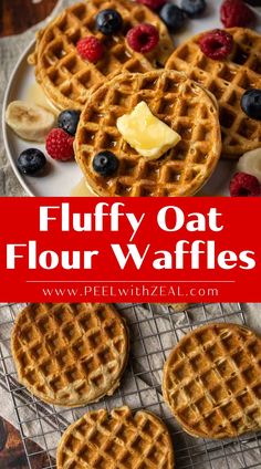 fluffy oat waffles with blueberries and raspberries on the side