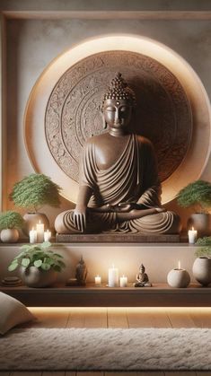 the buddha statue is surrounded by candles and potted plants in front of it,