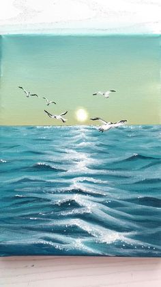 a painting of seagulls flying over the ocean