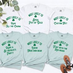 Matching St. Patrick's Day Shirts, Custom Most Likely to Tshirt, Funny Patrick Day Party Tee, Shamrock Shirt, Drinking Shirts, Irish Shirt. HI! Welcome to my store, I'm delighted to see you here. My store's main goal is to provide you with premium everyday apparel with the best graphic t-shirts. I see you as a friend, not just a customer. I'm sure you'll love my designs. You can order the same design 4XL and 5XL large sizes from the link, please specify the details in the order note.   https://e Funny Patrick, St Patrick's Day Shirts, Shamrock Shirt, Family Tees, Tshirt Funny, St Patrick Day Shirts, Drinking Shirts, Day Party, Crew Shirt