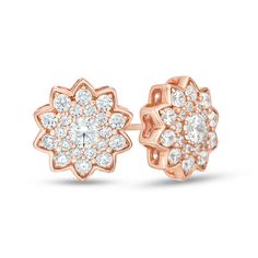 A shimmering bloom for each ear, these diamond stud flower earrings frame her face with sparkle. Crafted in precious 10K rose gold, each earring features a 1/8 ct. diamond at its center wrapped in a circle frame of petite diamonds and a starburst diamond border. Dazzling with 1 ct. t.w. of diamonds and a brilliant buffed luster, these post earrings secure comfortably with friction backs. Rose Gold Diamond Flower-shaped Earrings, Fine Jewelry Rose Gold Cluster Earrings With Prong Setting, Rose Gold Flower Shaped Earrings With Prong Setting, Rose Gold Flower-shaped Earrings With Prong Setting, Rose Gold Cluster Earrings With Diamond Accents, Fine Jewelry Rose Gold Cluster Earrings With Cubic Zirconia, Rose Gold Cubic Zirconia Cluster Earrings Fine Jewelry, Earring Frame, Gold Jhumka