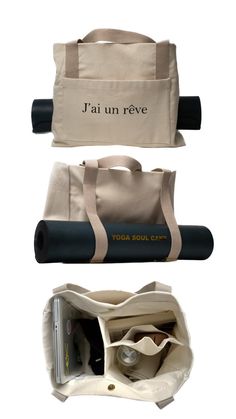 two yoga mats and a tote bag with the words ja'un reve on them