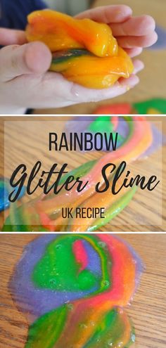 rainbow glitter slime recipe for kids to make and play in the kitchen