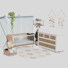 a baby's room with a crib, dresser and other items in it