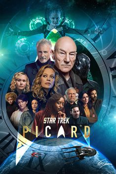 the poster for star trek picard, with all of the characters on it's face