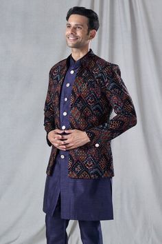 Blue front open jacket with all over floral, scallop embroidery. Paired with an inner sleeveless kurta. Comes along with a pant. - Aza Fashions Floral Embroidered Long Sleeve Nehru Jacket For Reception, Fitted Blue Outerwear With Chikankari Embroidery, Fitted Embroidered Outerwear For Reception, Embroidered Fitted Outerwear For Reception, Embroidered Fitted Outerwear For Receptions, Festive Blue Nehru Jacket With Floral Embroidery, Festive Blue Bandhgala With Floral Embroidery, Formal Blue Outerwear With Resham Embroidery, Fitted Nehru Jacket With Floral Embroidery And Stand Collar