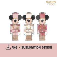 three mickey mouses in uniforms with the words pgng - sublimation design