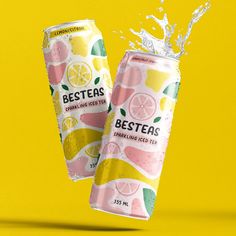 two cans of bestea's sparkling iced tea with splashing water on yellow background