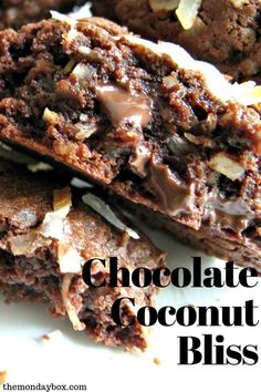 chocolate coconut bliss cookies stacked on top of each other with the words, chocolate coconut bliss