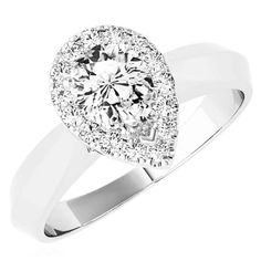 a white gold engagement ring with an oval shaped diamond surrounded by round brilliant cut diamonds