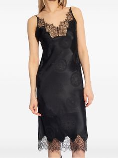 Coperni lace-trimmed Silk Dress | Black | FARFETCH Silk V-neck Dress With Delicate Lace, Evening Slip Dress With Lace Trim And Spaghetti Straps, Elegant V-neck Slip Dress With Contrast Lace, V-neck Slip Dress With Delicate Lace For Party, Summer Evening Slip Dress With Delicate Lace, Elegant Lace Slip Dress With V-neck, Night Dresses With Spaghetti Straps And Lace Trim, Chic Formal Slip Dress With Lace Trim, Elegant Lace V-neck Slip Dress