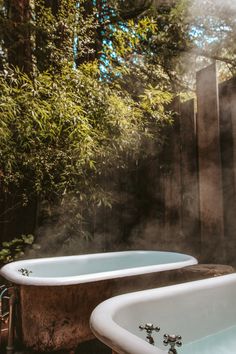 two bath tubs sitting next to each other in front of a fence and trees