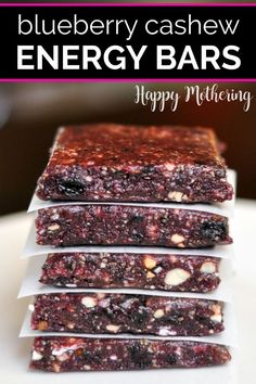 blueberry cashew energy bars stacked on top of each other with text overlay