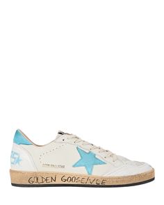 Golden Goose's Ball Star Sneakers Are Updated For The Season With Light Blue Logo Stars And Leather Heel Tabs.       Composition: Leather Cotton Rubber   Heel Height: &Quot;    Imported Casual Sneakers With Star Logo, Leather Sneakers With Star Logo For Streetwear, Casual Sneakers With Star Logo And White Sole, Casual High-top Sneakers With Star Logo, Casual Low-top Sneakers With Star Logo, Golden Goose Ball Star, Golden Goose Shoes, Star Sneakers, Blue Logo