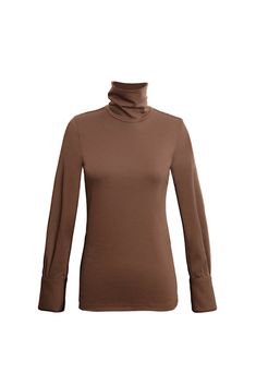 Model Tamzin Wears size XS (5’6” tall, 25” inch waist, 32b” chest, Hips - 36”) The Big Shot turtleneck is a slim fit top with button cuffs. This product is made with Merino Wool. The merino is all traceable, non mulesed and RWS certified. All of the polyester used in this yarn is recycled. A luxury wool with inherent performance enhancing qualities: Thermal-regulating, moisture wicking, antimicrobial, water repellant and soft yet durable. - 100% Merino Wool- Long sleeve with cuff - Turtleneck co Fitted Brown Turtleneck With Long Sleeves, Fitted Brown Long Sleeve Turtleneck, Brown Slim Fit Top For Workwear, Classic Fitted Winter Top, Classic Fitted Top For Winter, Classic Brown Turtleneck Top, Classic Fitted Mock Neck Top For Winter, Fall Slim Fit Tops With Button Cuffs, Fitted Funnel Neck Top For Work