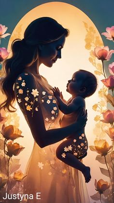 a woman holding a baby in front of a full moon with flowers around her and the words, justyna e