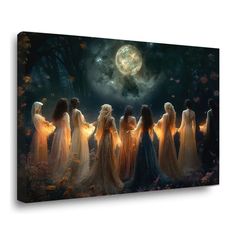 a group of women standing in front of a full moon on a dark night canvas wall art print