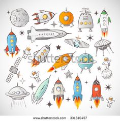 an image of various rockets and stars in the sky with space shuttles on them