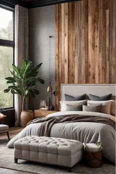 Bedroom focal point with reclaimed wood wall Wood Wall Feature Bedroom, Wood Bedroom Feature Wall, Wood Accent Wall Master Bed, Log Cabin Accent Wall, Wood Panel Accent Wall Bedroom, Bedroom With Wood Paneling Wall, Wood Panel Bedroom Wall, Wood On Walls Ideas, Wood Wall Behind Bed