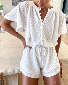 Lasaky - Waffle Knit Button Up Top & Drawstring Shorts Set Chic Type, Button Front Top, Button Up Top, Drawstring Shorts, Looks Vintage, Spring Summer Outfits, Shorts Set, Waffle Knit, Olivia Mark