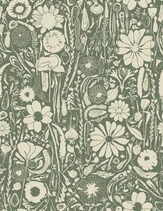 a green and white floral wallpaper with many different types of flowers on the side