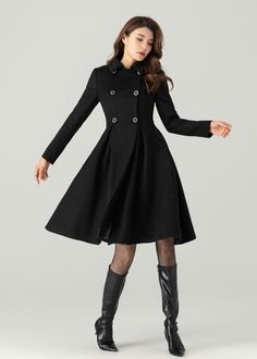 "FEATURES 50% wool, 50% wool blend Fully liner with polyester  With pockets Lapel collar  Long sleeve Button closure in front Fitted waist For Winter, Autumn Black wool coat Double breasted wool coat dry clean ★★Mode size Height 170cm (5′ 7″)  Bust 84 cm (33\")  Waist 66 cm (26\")  She wears size XS. ★★Bespoke Order Service If you Request other color Request the length Your height is not between 155 cm- 175 cm Your weight is not between 47 kg -77 kg I can do it for you, It will need some extra f Luxury Black Pea Coat For Business Casual, Luxury Black Pea Coat For Winter, Luxury Black Pea Coat For Office, Luxury Black Pea Coat For Business, Luxury Black Peacoat For Formal Occasions, Luxury Black Winter Pea Coat, Cheap Black Career Outerwear, Luxury Wool Peacoat For Office, Tailored A-line Outerwear For Winter