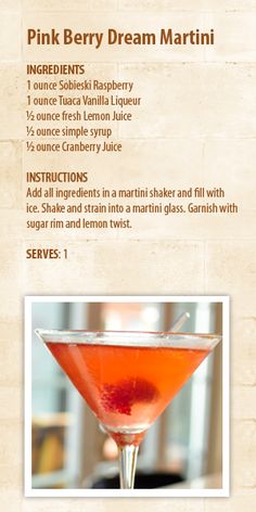 the pink pear berry martini recipe is shown in this image, with instructions for how to make it