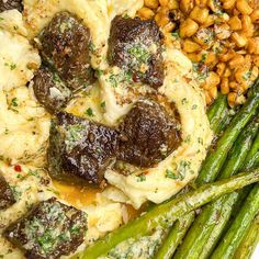 meatballs, mashed potatoes and asparagus on a plate