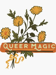 the queen magic logo with daisies and leaves on it's back side, against a white background