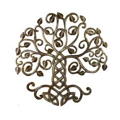 a metal tree with leaves and vines on it's side, against a white background