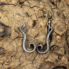 a pair of silver earrings sitting on top of a tree branch in front of a rock