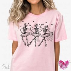 This ballerina Dancing Skeletons shirt is designed with graceful ballet dancer skeletons. Whether you're an aspiring ballet dancer, a prima ballerina, a proud and spooky dance mom, an inspirational dance teacher, or a lover of soft goth or balletcore aesthetic, this super soft Tshirt is for you. It's a must-have for Halloween ensemble! You may also love:  💗 Coquette Skulls with Bows Shirt - https://wildheartstudiotx.etsy.com/listing/1769781174 THE NITTY GRITTY: 💕  MATERIALS + PRODUCTION 💕  ➢ Pink Balletcore Tops For Spring, Fitted Graphic Print Top For Dance, Pink Stretch Tops For Dance, Pink Graphic Print Top For Dance, Fitted Top For Dance Occasions In Fall, Pastel Goth Shirt, Pink Skeleton, Dance Mom Shirts, Wednesdays We Wear Pink