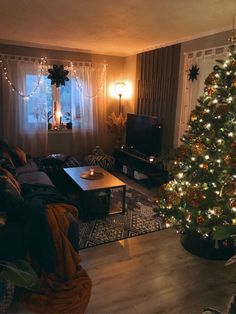 a living room filled with furniture and a christmas tree in front of a tv set