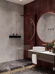 a bathroom with a sink, mirror and shower