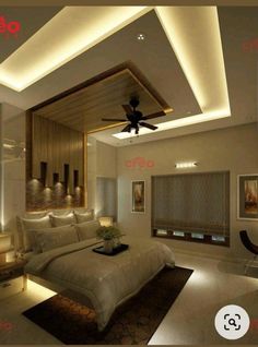 a large bed sitting in a bedroom next to a ceiling mounted fan with lights on it