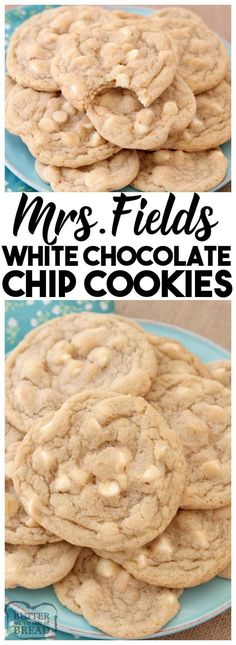 two pictures of cookies stacked on top of each other with the words mrs fields white chocolate chip cookies