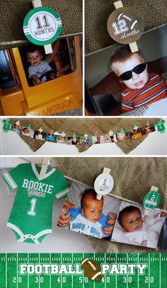 a collage of photos with baby pictures on them and the words football party written in green