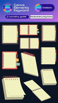 a bunch of notebooks and papers on a black background with the words genius elements keyword