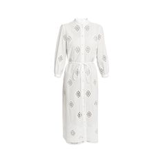 Erdem shirtdress featuring a self-tie belted waist and side slits hem Band collar; button front 3/4 blouson sleeves; button cuffs Yoked back; box pleat Shift silhouette Hem falls below the knee Cotton/polyester Dry clean, professional cleaning recommended Made in Bulgaria Chic Midi Dress With 3/4 Sleeves For Daywear, Button-up Shirt Dress With Tie Fastening For Daywear, Long Sleeve Midi Dress With Belted Cuffs For Daywear, Long Sleeve Shirt Dress With Tie Waist For Brunch, Tie Fastening Button-up Shirt Dress For Daywear, Elegant Spring Shirt Dress With 3/4 Sleeves, Elegant Shirt Dress With 3/4 Sleeves For Spring, Elegant 3/4 Sleeve Shirt Dress For Spring, Elegant Shirt Dress With Tie Waist For Brunch