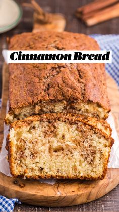 sliced loaf of banana bread on wooden cutting board with blue and white checkered cloth